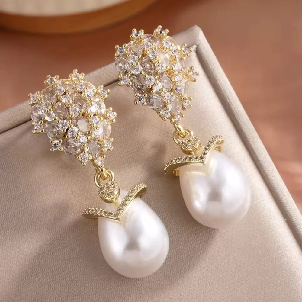 Golden Crystal Bouquet Pearl Earrings
